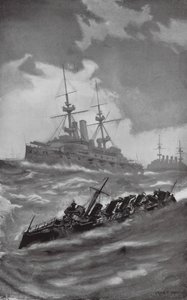 HMS Mars, Terrible és Dragon a La Manche-csatornán (litográfia) alkotó: Fred T. Jane