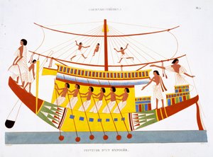 Egy folyami hajó a Níluson, egy ritka thébai freskóról, amelyet Frederic Cailliaud (1787-1869) második egyiptomi látogatása alkalmával 1819-1822 között rögzített, színes litho
