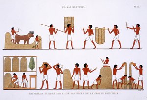 A gabonaraktárak szállítása, tárolása és rögzítése egy ritka thébai freskóról, amelyet Frederic Caillaud (1787-1869) második egyiptomi látogatása alkalmával 1819-1822 között rögzített, színes litho