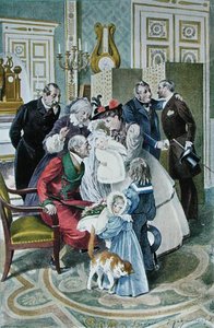 Látogatás a nagyszülőknél, eredeti akvarell után, 19. század végén (színes litho) alkotó: Frederic (after) Regamey