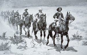 Amerikai „Buffalo Soldiers” menetelés a sivatagban, egy 1888-as rajzból (metszet)