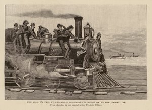 A mozdonyba kapaszkodó utasok a chicagói Kolumbiai Világkiállításon (metszet) alkotó: Frederic (after) Villiers
