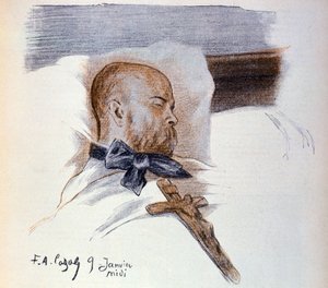 Paul Verlaine francia költő (1844-1896) a halálos ágyán (rajz)
