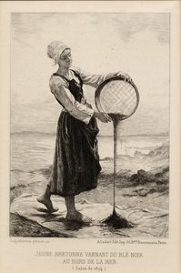 Fiatal Bretonne Winnowing Hajdina a tengerparton, Cadart metszete 1874-ben (nyomtatás)