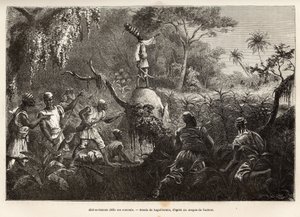Abd es Samate, Mounza barátja és hadnagya, a Mombuttous királya kihívja ellenségeit, a Zandes-t (vagy niam niamot), akik háborút üzentek nekik, és Laguillermie rajza után metszett, amely egy Afrika szívébe vezető utazást illusztrálja 1868-ban- 1871, írta