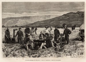 Az Egyesült Államok geológiai küldetése fiatal a síkságon, Laguillermie rajza nyomán, amely egy sor földrajzi küldetést illusztrál az Egyesült Államok Nemzeti Parkjában 1870 és 1872 között, Hayden, Doane és Langford urak, publ.