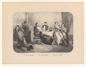 Férfiak és nők csoportja egy belső térben Les maris garçons / Die freien Männer / Bachelor hubants (cím a tárgyon) alkotó: Frederic Charles Wentzel (possibly)