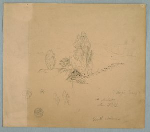Rajz, Egy nádtető és egy cseréptető facsúcsokkal egy hegyvidéki tájban, Chimborazo közelében, Ambato, Ecuador, 1857. június 17. alkotó: Frederic Edwin Church