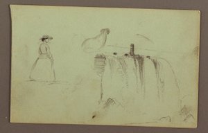 Rajz, Egy sétáló lány, egy guggoló csirke és az Amerikai vízesés a Niagara folyón, valószínűleg 1856 alkotó: Frederic Edwin Church