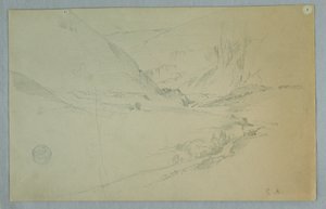 Rajz, Andok hegyi völgye kanyargó patakkal, Kolumbia vagy Ecuador, 1857 alkotó: Frederic Edwin Church