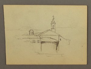 Rajz, Templom tornya Melléképületek, talán 1868-69 alkotó: Frederic Edwin Church