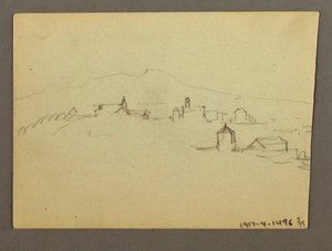 Rajz, Templom tornya Melléképületek, talán 1868-69 alkotó: Frederic Edwin Church