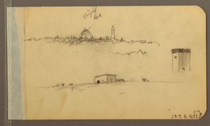 Rajz, templom, torony, ház; hátoldal: Hegyvidék, 1889 alkotó: Frederic Edwin Church