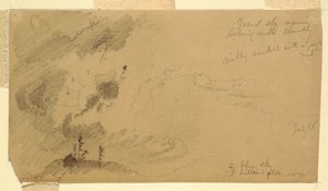 Rajz, Felhős esti égbolt egy dombvidék felett, 1866. július alkotó: Frederic Edwin Church