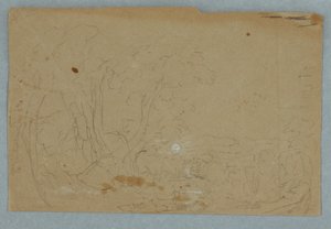 Rajz, Felhős égbolt dombos táj felett; hátoldalon: patakban tükröződő telihold, 1845-50 alkotó: Frederic Edwin Church