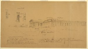 Rajz, Athéné (korábban Ceres), Héra II (korábban Neptun) és Héra I (korábban Basilica) dór görög templomai, Paestum, Salerno, Olaszország, 1869. április. alkotó: Frederic Edwin Church