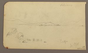 Rajz, alak és ökrös szekér, ciprusfa; hátlap: Kilátás a Cuitzeo-tóra, 1885. január alkotó: Frederic Edwin Church