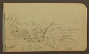 Rajz, kert, ház, Cuautla; hátoldal: templom, pajta, Cuautla, 1885. február alkotó: Frederic Edwin Church