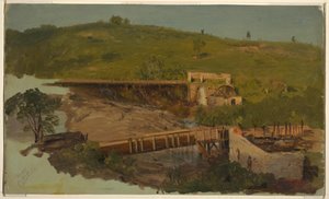 Rajz, Hegy viaduktokkal és romos malmokkal, Catskill közelében, New York, 1865 körül. alkotó: Frederic Edwin Church