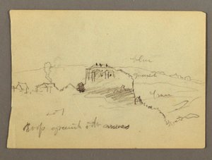 Rajz, Házak a hegytetőn, valószínűleg 1868-69 alkotó: Frederic Edwin Church
