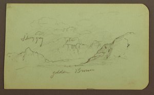 Rajz, tájkép; hátoldal: alakok, templom, 1883 alkotó: Frederic Edwin Church