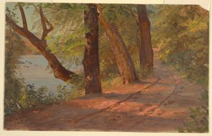 Rajz, Tájkép Észak-Amerikából (út egy tó mellett), 1875 körül. alkotó: Frederic Edwin Church