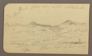 Rajz, Táj, házak; hátoldal: Fák teteje, 1885. február alkotó: Frederic Edwin Church