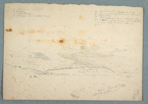Rajz, Tájkép a Hudson-völgyben; hátlapján: Vázlat templomról fahajókkal, 1870. június 14. alkotó: Frederic Edwin Church