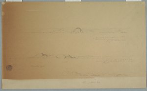 Rajz, Tájkép Fogo sziget közelében, Brimstone, Head, Change Island Rocks, 1869. július 2. alkotó: Frederic Edwin Church