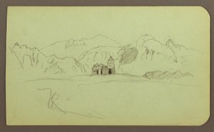 Rajz, Tájkép templommal; hátoldal: Tájkép, 1883 alkotó: Frederic Edwin Church