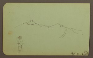 Rajz, hegyvidéki táj; hátoldalon: hegyvonulat, alak, 1883 alkotó: Frederic Edwin Church