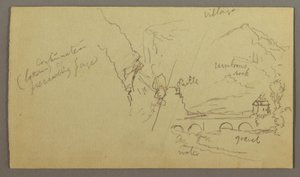 Rajz, Hegyi völgy, híd, épületek, valószínűleg 1868-69 alkotó: Frederic Edwin Church