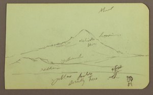 Rajz, Hegy, fa, alak; hátoldal: templom, fa, 1883 alkotó: Frederic Edwin Church