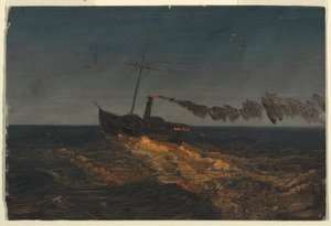 Rajz, Evezőlapátos gőzhajó alkonyatkor, 1853 körül. alkotó: Frederic Edwin Church