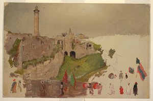 Rajz, A városba bevonuló felvonulás, Jaffa, 1868. március eleje. alkotó: Frederic Edwin Church