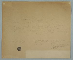 Rajz, Felhős égből eső esik a hegygerincek felett, Hacienda Chillo, Ecuador, 1857. július 27. alkotó: Frederic Edwin Church