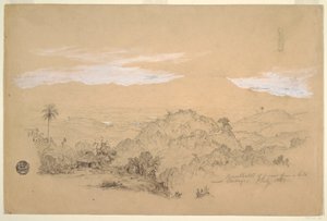 Rajz, Emlékek egy kilátásról egy Cartago melletti dombról, Kolumbia, egy vízzel teli edényt a fején cipelő nővel, 1853. július alkotó: Frederic Edwin Church