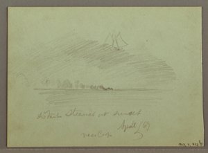 Rajz, Sziklák a partvonal előtt, Sziklás sziklák a partvonal mellett, 1869 április alkotó: Frederic Edwin Church