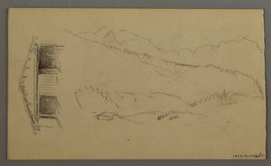 Rajz, háztetők, kapu, hegycsúcsok, 1868. augusztus alkotó: Frederic Edwin Church