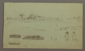Rajz, Falakkal körülvett romok, sátrak, két alakos tanulmány, 1868. április 28. alkotó: Frederic Edwin Church