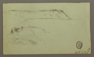 Rajz, Falakkal körülvett romok, sátrak, két alakos tanulmány, 1868. április 28. alkotó: Frederic Edwin Church