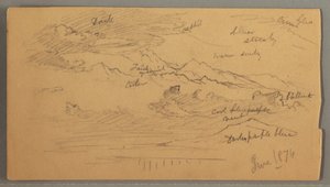 Rajz, Éles hegycsúcsok, felhős ég, 1874. június alkotó: Frederic Edwin Church