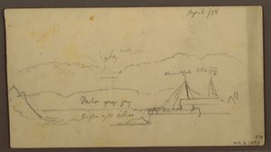 Rajz, Naplemente a parton hajóval, 1858 alkotó: Frederic Edwin Church
