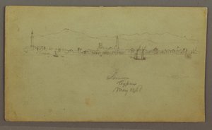 Rajz, Város a tengerparton, mögötte hegyvonulat, 1868. május 27. alkotó: Frederic Edwin Church