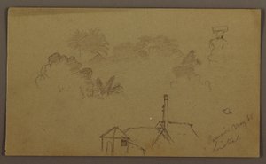 Rajz, Fák, figura, ház Linstead, május 1865 alkotó: Frederic Edwin Church