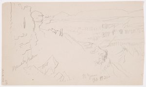 Rajz, Kilátás a dombokon és síkságon át a hegyek felé, El Jemen völgye, 1868. február alkotó: Frederic Edwin Church