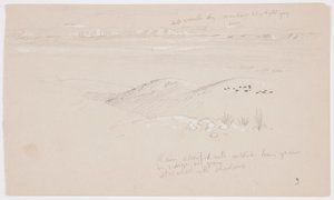 Rajz, Kilátás a dombokon és síkságon át a hegyek felé, El Jemen völgye, 1868. február alkotó: Frederic Edwin Church