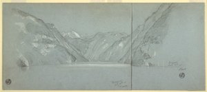 Rajz, A Königssee és a Falkenstein-tó látképe, Berchtesgaden közelében, Bajorország, Németország, 2. rész, 1868. július 11. alkotó: Frederic Edwin Church