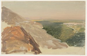 Rajz, Egy síkság látképe Damaszkusszal, Szíria, a hegyek felől., 1868. május alkotó: Frederic Edwin Church