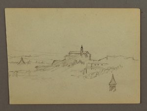 Rajz, Falu a dombtetőn, valószínűleg 1868-69 alkotó: Frederic Edwin Church